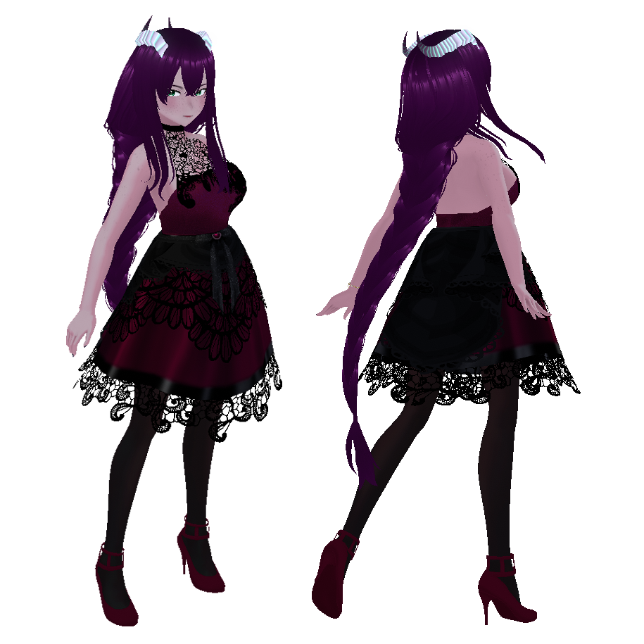 A pale skinned female avatar, in two poses, front and rear facing. She has long, dark purple hair in a braid, green eyes, and white horns with purple tips and a green glow. She wears a dark red dress with black lace details, black tights, and dark red shoe