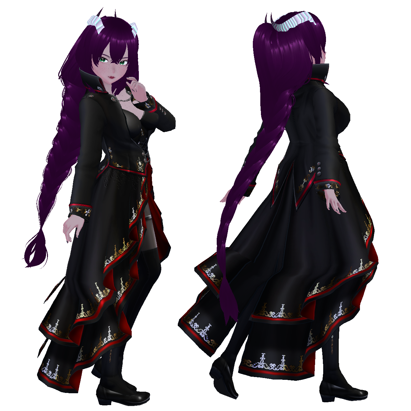 Snowhawk A pale skinned female avatar, in two poses, front and rear facing. She has long, dark purple hair in a braid, green eyes, and white horns with purple tips and a green glow. She wears a long black coat, black leotard, with red and gold details, black tights